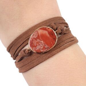 Boutique brown leather and red stone wrap bracelet